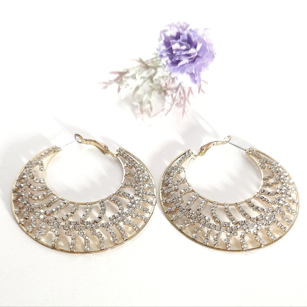 Gold Tone Crystal Hoop Earrings Large Crystal Statement Hoop Earrings - Picture 4 of 14